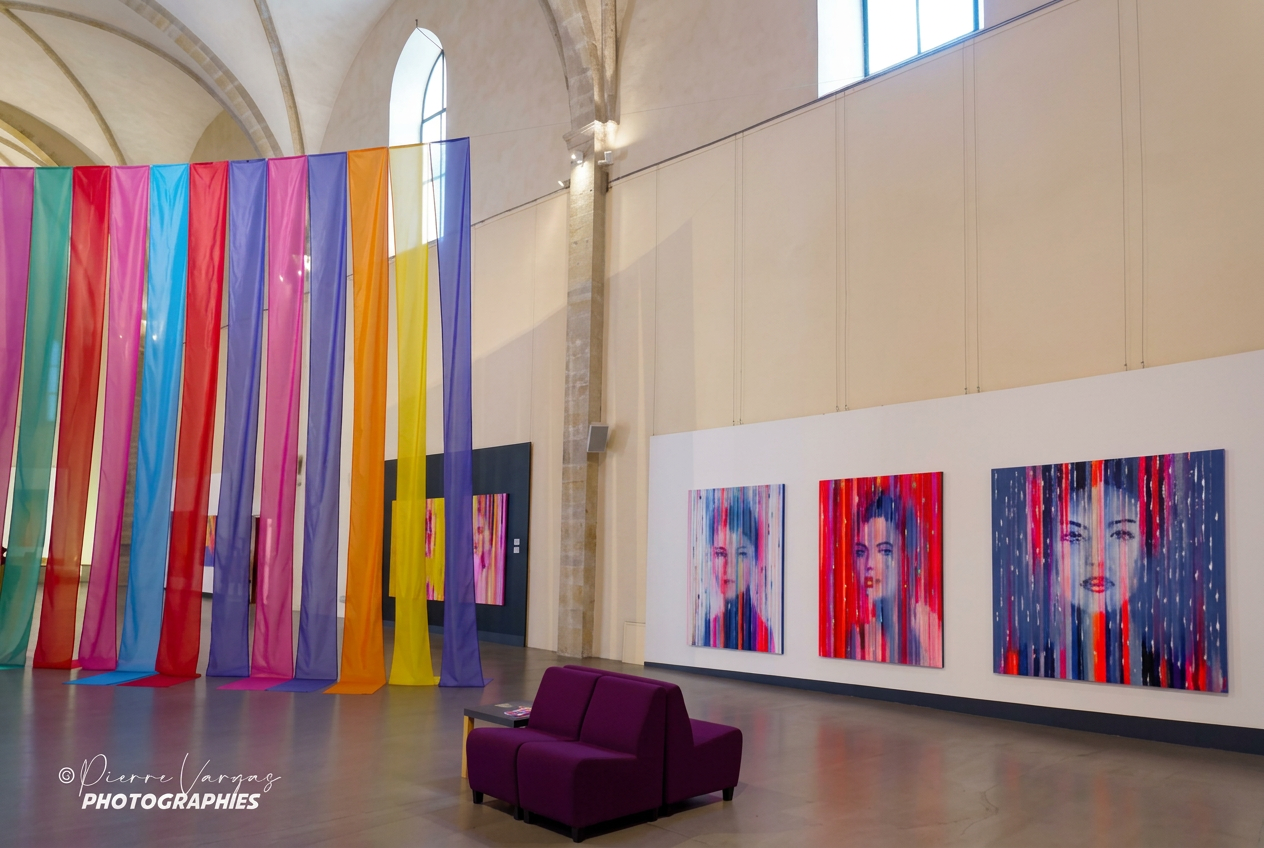 Musee de l'observance 100 filtres. Contemporary art exhibition featuring large colorful portrait paintings and suspended translucent fabric installations in a historic architectural space.